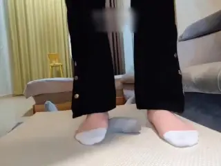 Two College Girls Sneakers in Socks Step on Cock