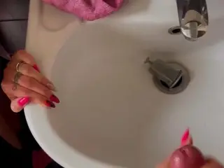 Italian Wife Jerks Cock in Public Bathroom and Ruins his Orgasm with Cumshot in the Sink