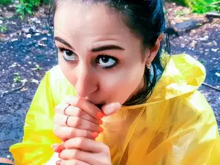 Brunette Girl in Yellow Raincoat Sucks Cock Outdoors