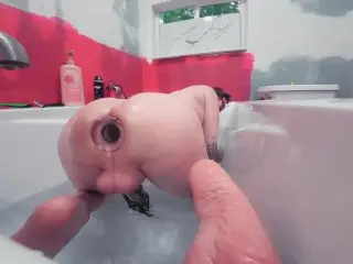 Sissy Bath Time with Tiffany Ciskiss her Girl Butt Gapped with Xl Glass Butt Plug