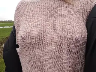 Boobwalk: Walking Braless in a Pink see through Knitted Sweater