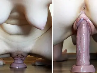 Stepsister with Extremely Creamy Pumped Pussy Rides Big Head Dildo