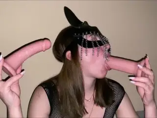Horny Slut Trains her Mouth with two Dildos - Cum Slut Training
