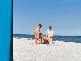 Sharing my Girl with a Stranger on the Public Beach. Threesome WetKelly.