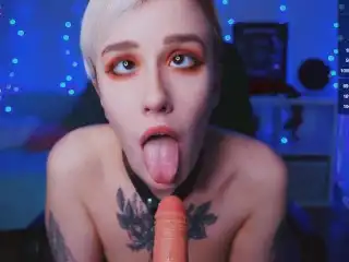 AHEGAO Blowjob. Short Haired Blonde Sucks Dildo and Cross Eyes