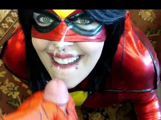 Spiderwoman gives a Sloppy Blowjob in the Office and Gets a Web Facial