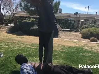 Tall Friend Jumping and Stomping Trample at the Park