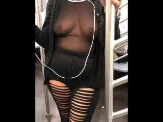 Wife in see through Shirt on Train Flashing Nipple Rings