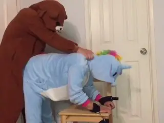 Bear Fucks Unicorn Onesie Girl Tied to Chair