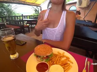 Eating Burger and Flashing in the Cafe Transparent T-shirt no Bra (teaser)