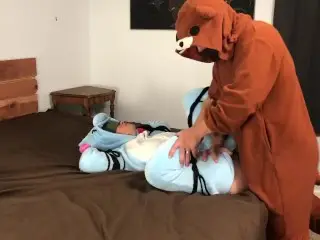 Frog Tied in Unicorn Onesie Cum on Tits