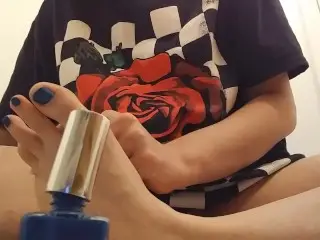 Painting my Toenails Blue and Flashing my Pussy