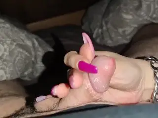 I Jerk off his little Dick with my Long Nails until he Cums himself in the Face