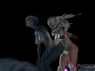 Alien Sex. Spacewoman in Spacesuit Plays with Alien on the Exoplanet