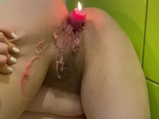 A. Sky Slave Inserted a Burning Candle into her Pussy, Wax Drips on Hairy Pussy and Legs!