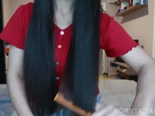 Beautiful Asian Girl with LONG BLACK HAIR Gets Oily TIT MASSAGE