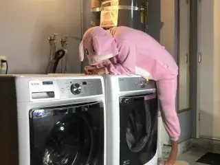 Bunny Onesie Humps Dryer while doing Laundry