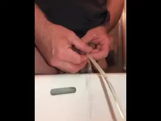 Pissing through a Hollow Sound (clear Plastic Straw) - Sounding Pee Hole Play, Pissing into the Sink