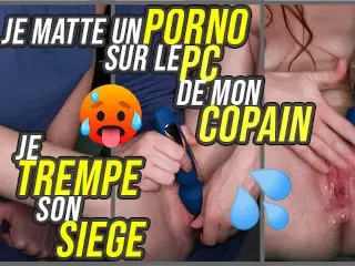 French Slut she Masturbate while she Watching Porn on Boyfriend PC and she Squirt on Chair !