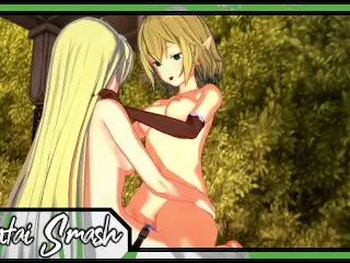 Ryuu Lion and Aiz Wallenstein have Lesbian Sex and Strapon Fuck in the Garden - Danmachi Hentai.