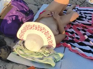 Day 11 - Italian MILF with Small Tits Touching her Pussy in Public Beach, People Watching, Risky