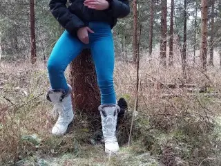 Girl alone in the Forest, Masturbation Hidden behind a Tree, Thinking that someone is Fucking her