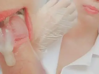 Hot Nurse gives Perfect Blowjob on Patient and Fills Mouth with Cum - Close up