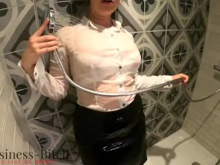 Wet Business Trip - Secretary has Soapy Shower Fun Wearing her Hot Business Suit with her Boss