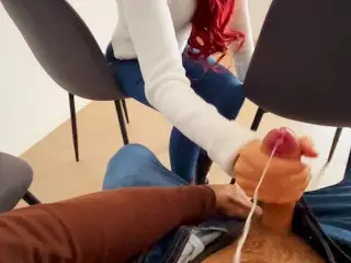 Dick Flash! the Redhead Girl in Jeans Jerks me off in the Dentist's Waiting Room