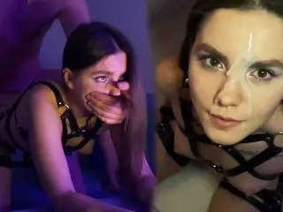 Hot Brunette in Harness Sucks and Jumps on my Dick - just look at her Pretty Cum Face on 12:10!