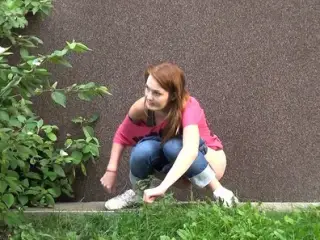 Shy and nervous redhead pees outside