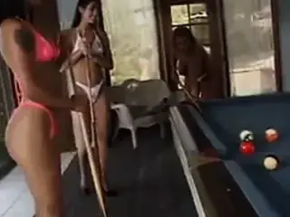 Girls with big tits in bikinis play strip pool