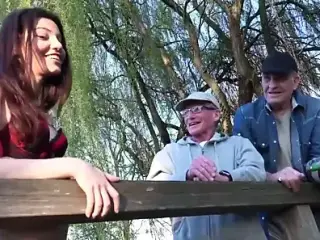 Two oldmen fuck beautiful girl while fishing