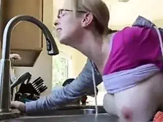 Huge boobs milf feeling step son cock in kitchen