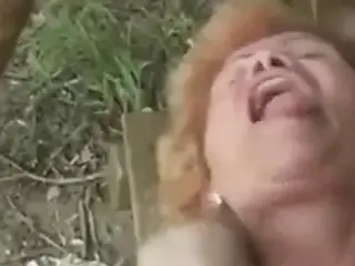 Hairy granny Effie anal outdoor