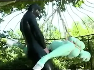 Girl with latex catsuit tied up,suspended and fucked