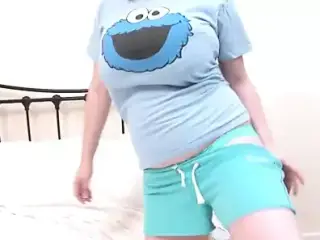 Cuvy teen takes off her cookie monster shirt to show-off her massive tits