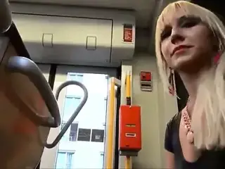 Girl jerks a lucky guy cock on the bus