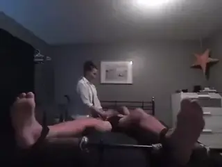 Girl sucks and tickles boyfriends tied toes, till he orgasms