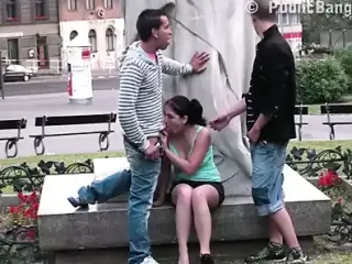 PUBLIC street gangbang threesome with a cute teen girl