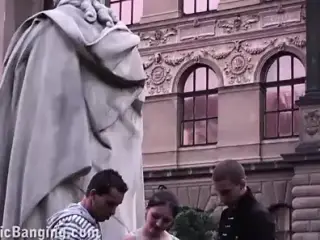 Cute teenage girl fucking in PUBLIC street by famous statue