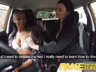 Fake Driving School busty ebony fails her test with lesbian