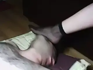 Homemade naked husband sniffs tired feet of his wife
