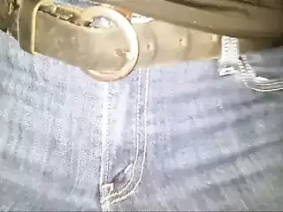 Cumshot on her Levis jeans crotch