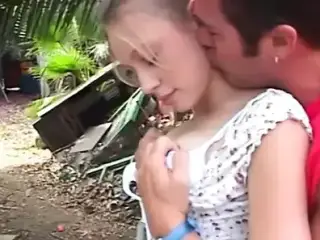 Lucky dude fucks a small pale blonde with nice tits in the woods