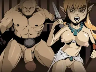 Naked dungeos & dragons fantasy elf girl running from big dicked cave troll in hentai cartoon style.