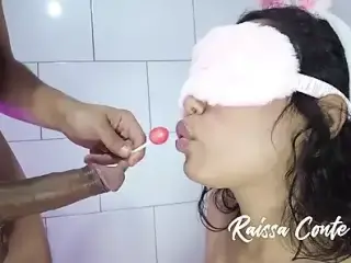 Naughty Girl Licking Dick and Lollipop Blindfolded