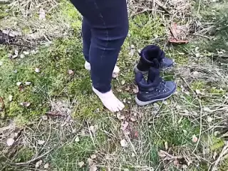 Barefeet titslapping in the woods - 600 slaps