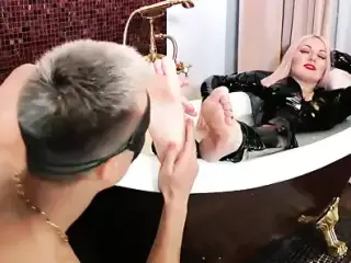 Foot Fetish Slave, hot Mistress barefoot Milk Bath in PVC