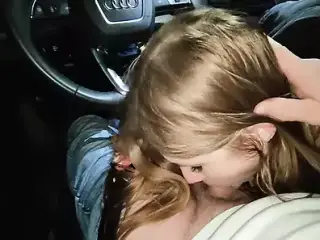 Cute Redhead Sexwife Sucked In The Car While Her Cuckold Loser Husband Jerks Off At Home